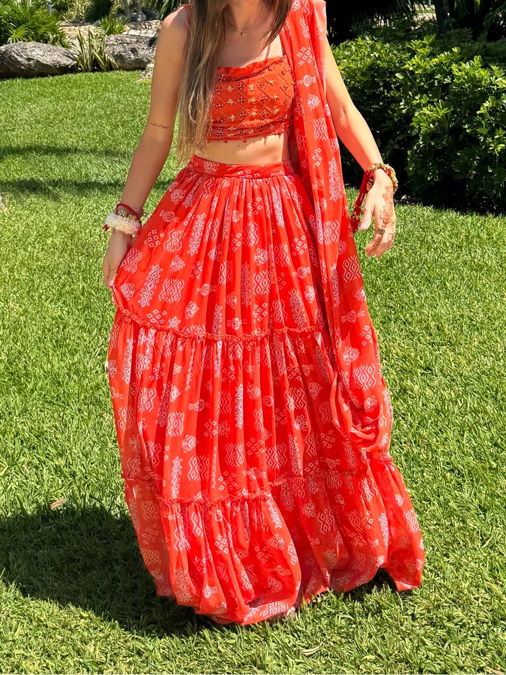 Women's Orange Printed Tiered Indian Wedding Attire